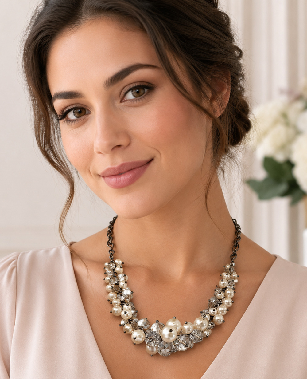 Vera Wang Faux Pearl Crystal Statement Necklace Bridal Coquette Balletcore Glam